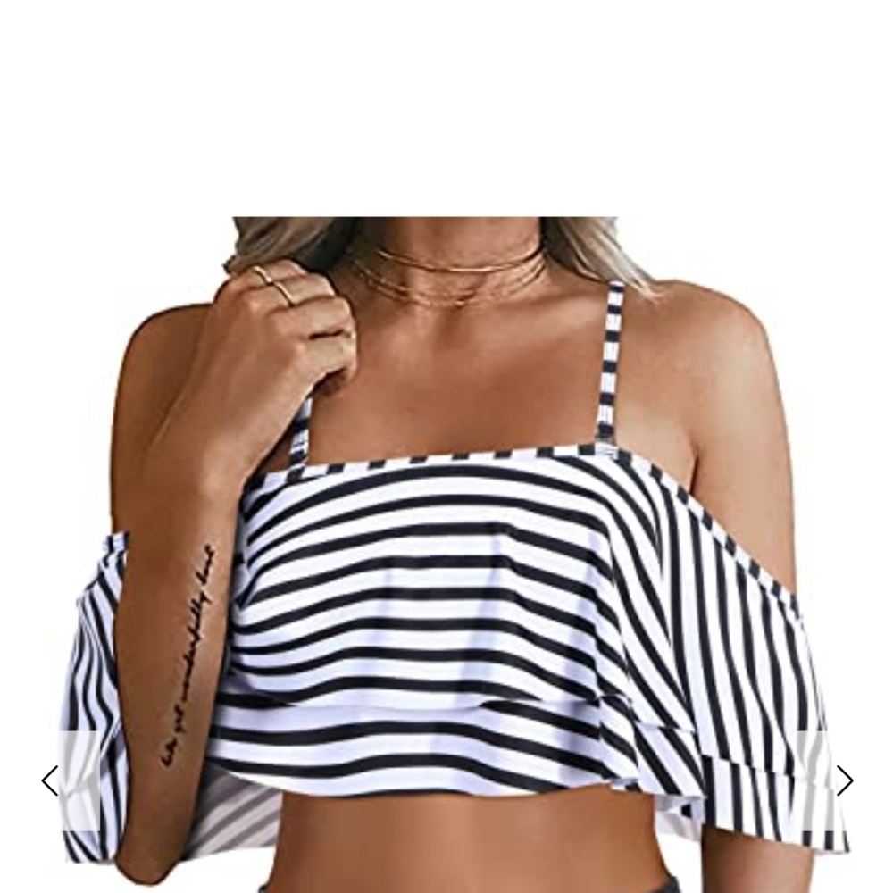 Women's Tempt Me Women ruffled off shoulder tankini, white & black s…